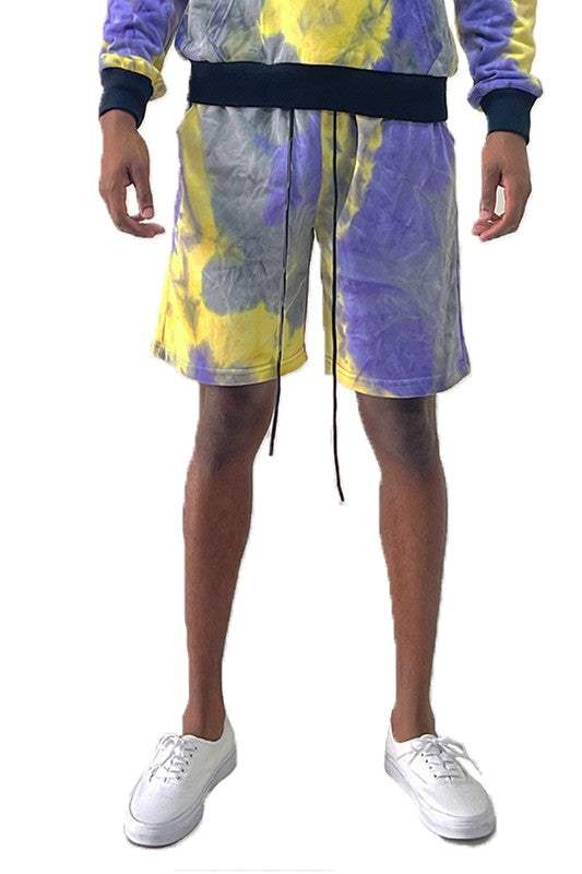 Weiv Mens Tye Dye Sweat Shorts with elastic waist and drawstring, regular fit, 100% cotton.